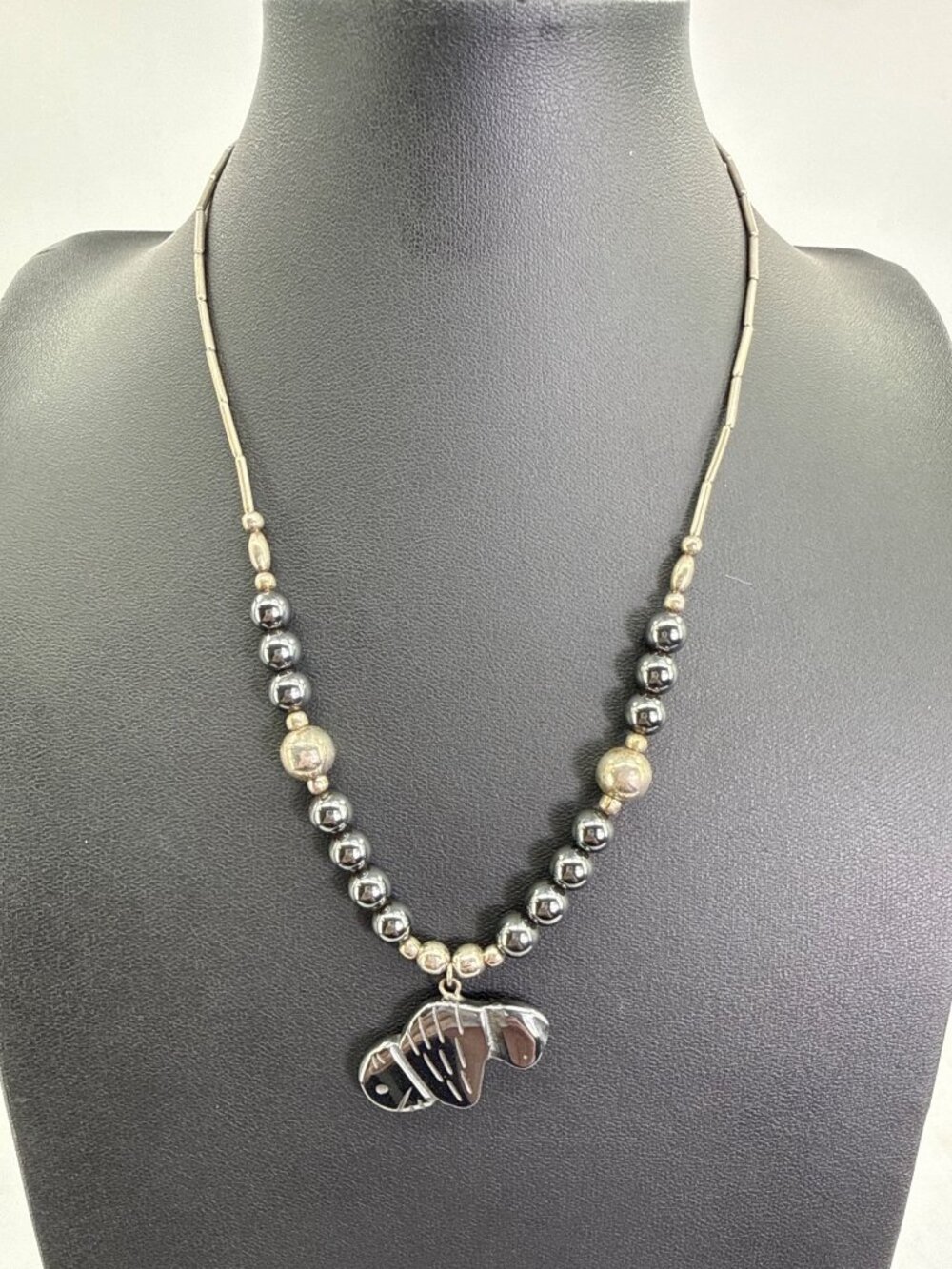 VTG Modernist Striped Animal Mascot Pendant Liquid Silver Tone Beaded Necklace